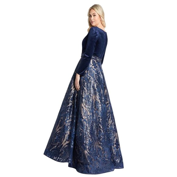 NEW Mac Duggal 67891 V Neck Velvet Sequined Evening Dress Blue Women's Sz. 20W - Picture 3 of 6